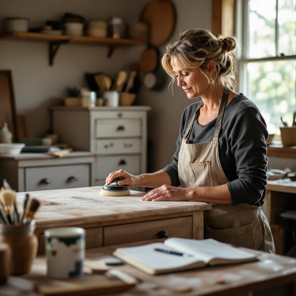 Woman sanding dresser in workshop2
