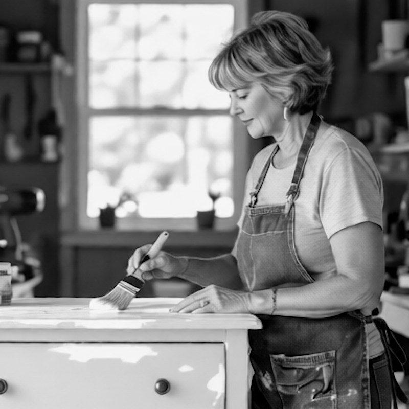 Woman in workshop painting dresser BW SQ